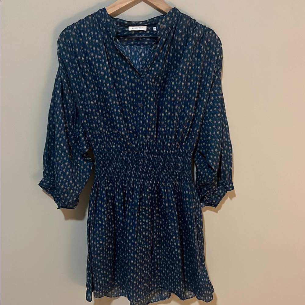 Rebecca Taylor Blue Ikat Pattern 3/4 Sleeve Smocked Shirt Dress Size Small